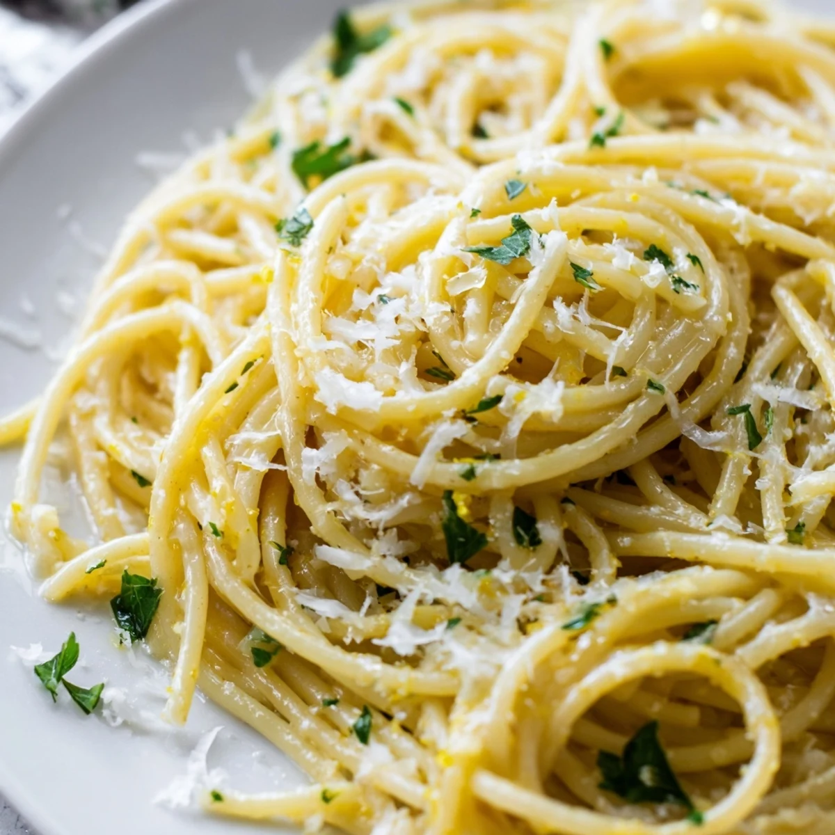 Golden garlic butter pasta coated in rich glossy sauce with fresh parsley and grated Parmesan cheese