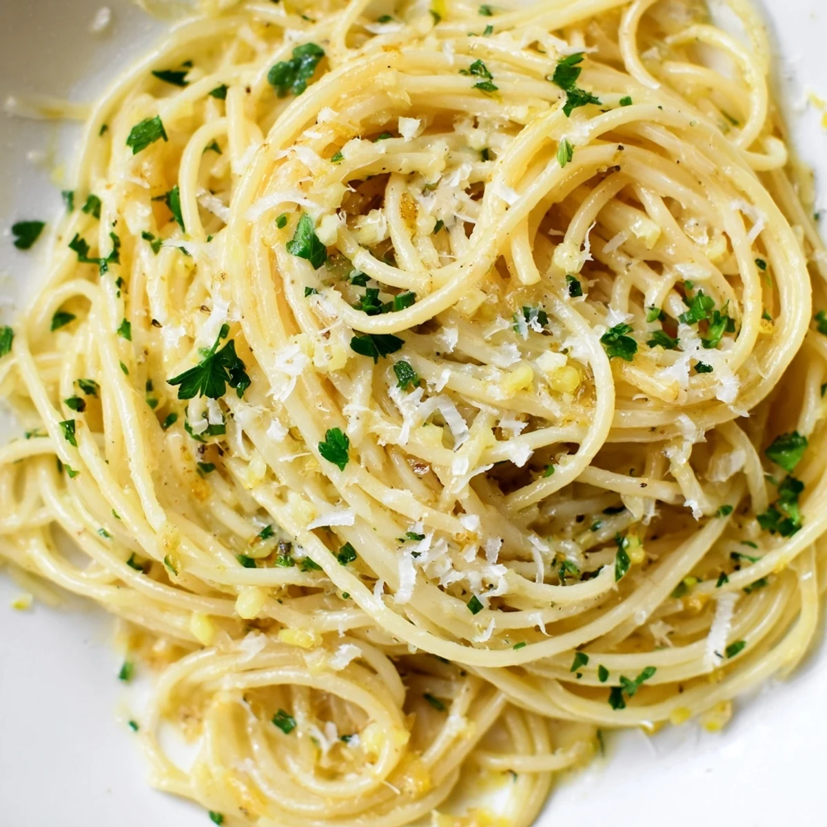 Close up of garlic butter pasta strands glistening with melted butter and lemon zest on white plate