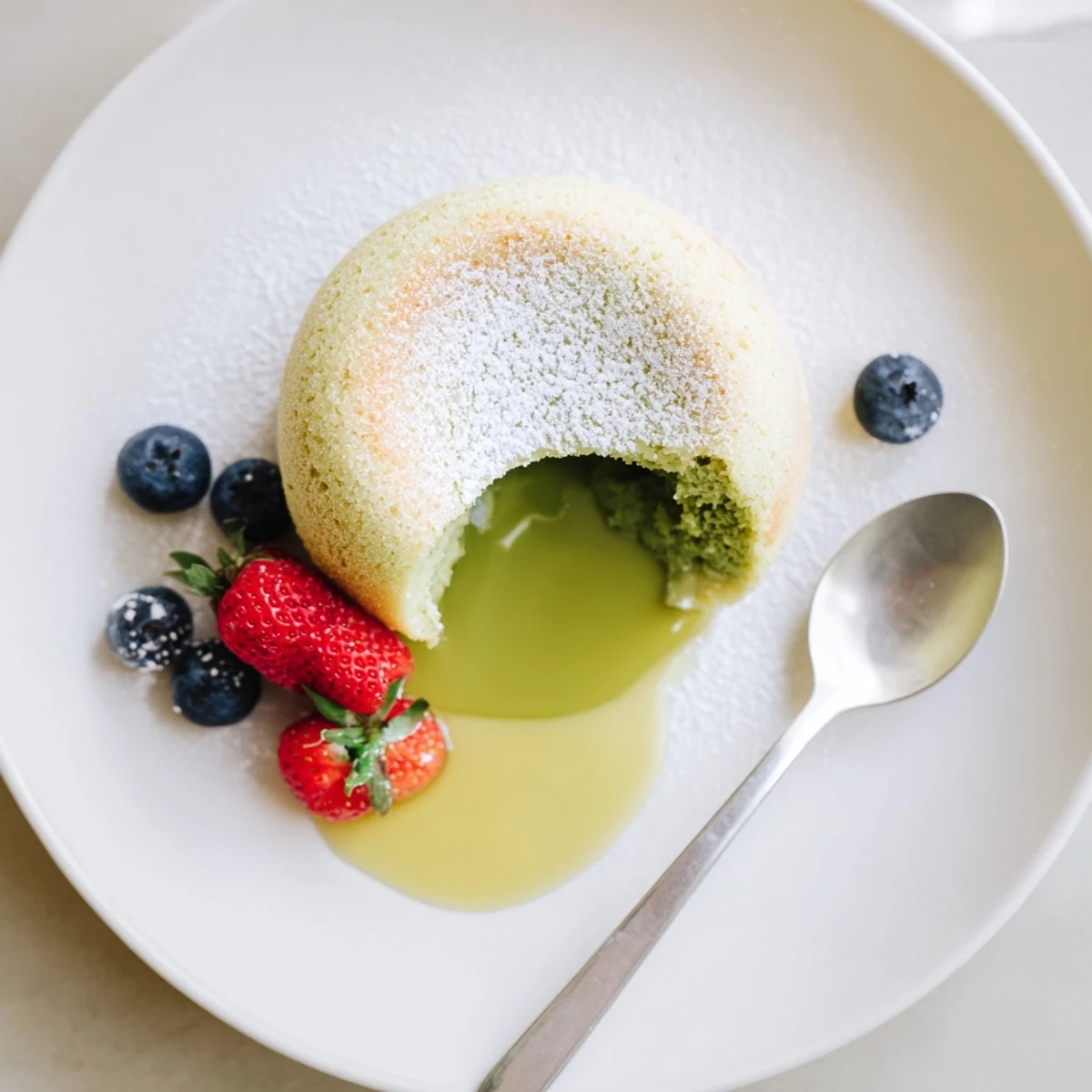 Individual matcha lava cake dusted with powdered sugar and fresh raspberries
