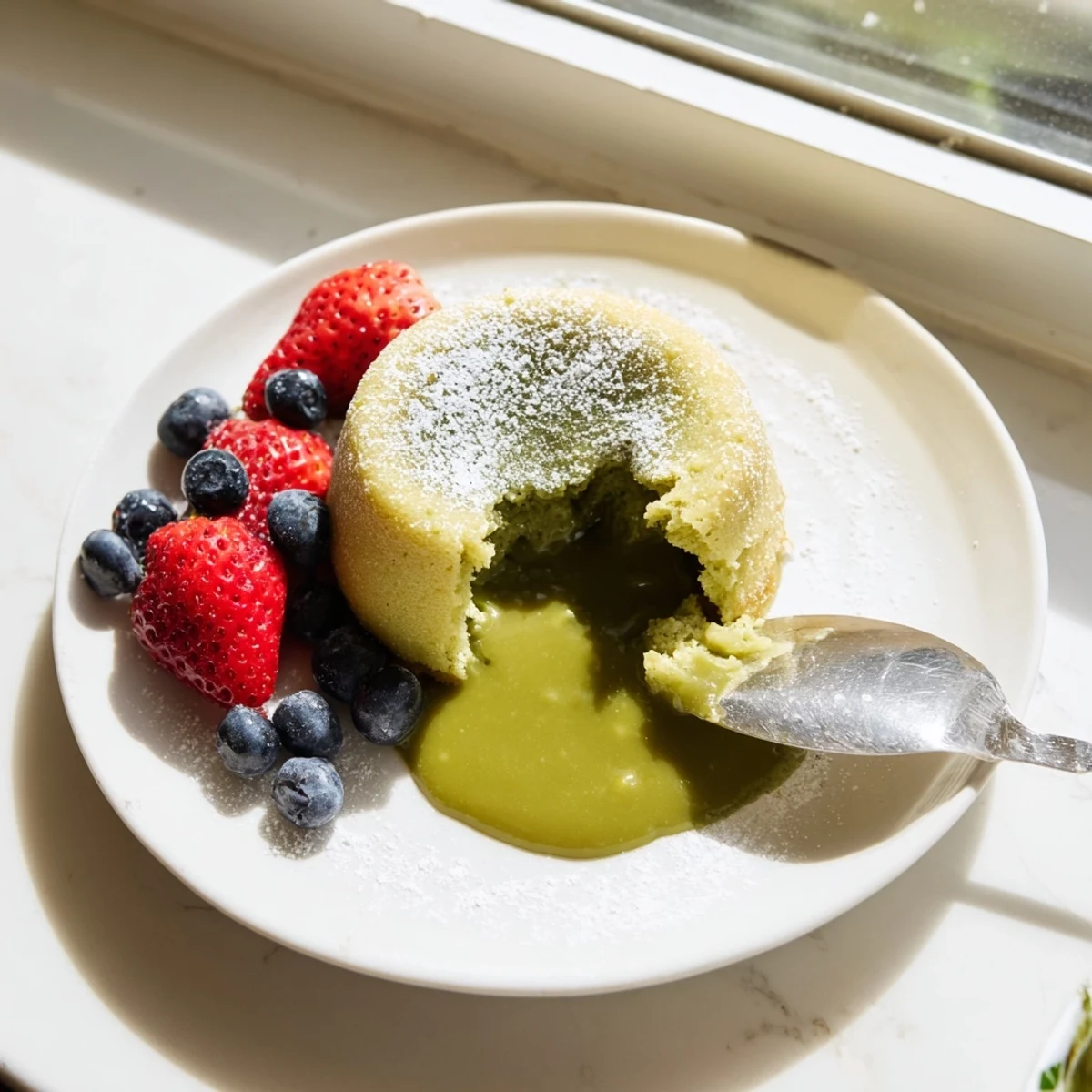 Warm matcha lava cake with molten green center flowing onto a white plate