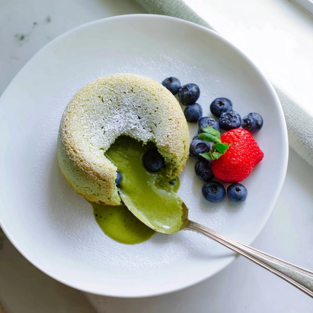 Rich green tea dessert with gooey center oozing from delicate sponge cake