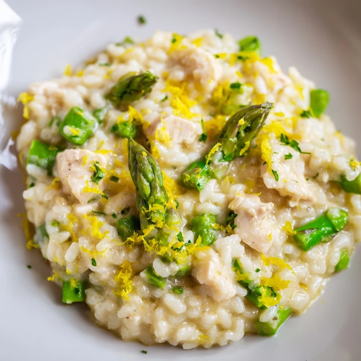 Golden chicken pieces and tender green asparagus mixed into rich, creamy Italian Arborio rice