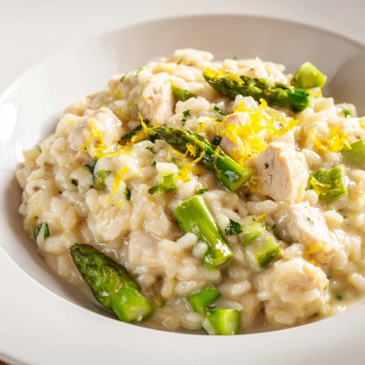Savory chicken and asparagus risotto garnished with lemon zest and extra Parmesan cheese shavings