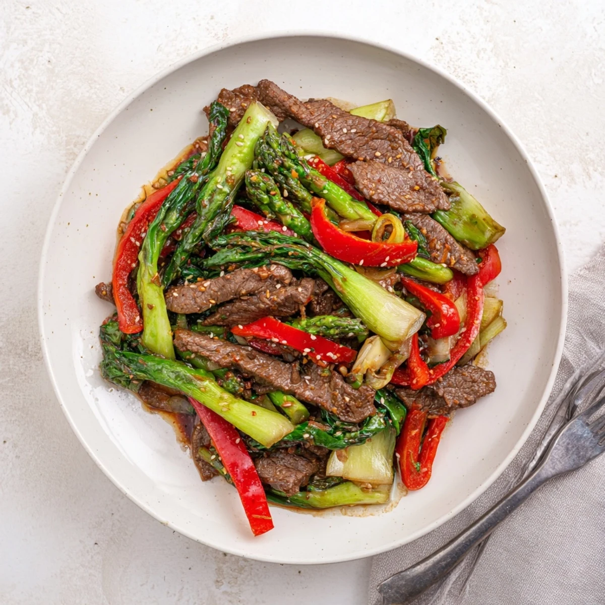 Sliced beef strips and vibrant green vegetables coated in a rich soy glaze served steaming hot