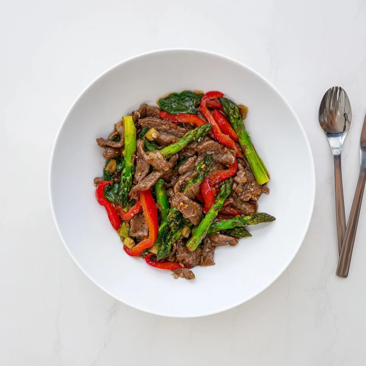 Glossy soy beef stir-fry with crisp bok choy and fresh asparagus in a savory dark sauce