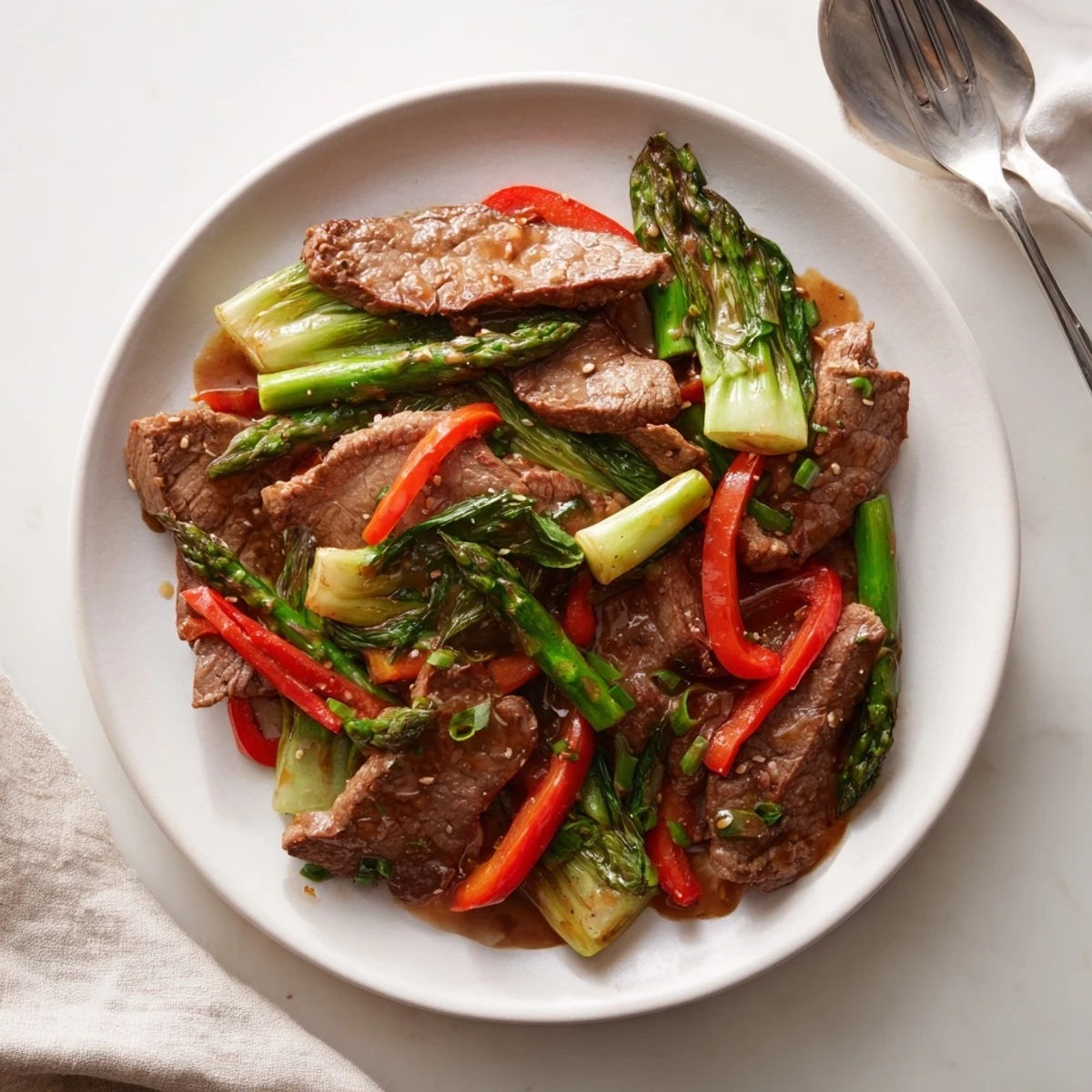 Tender beef asparagus bok choy stir fry glistening with aromatic sesame soy sauce over rice