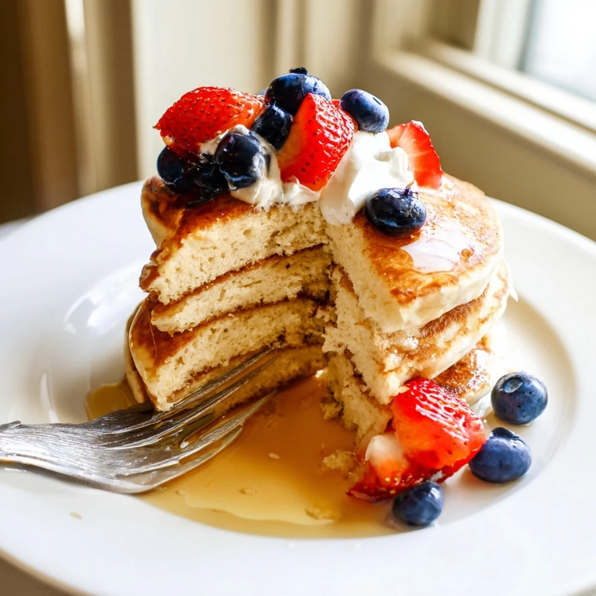 Golden stack of fluffy pancakes drizzled with maple syrup and topped with fresh berries for breakfast