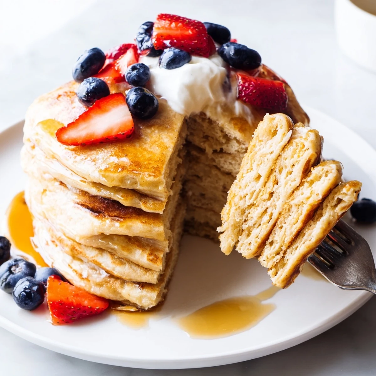 Light and airy homemade fluffy pancakes with a golden brown crust served on a white plate