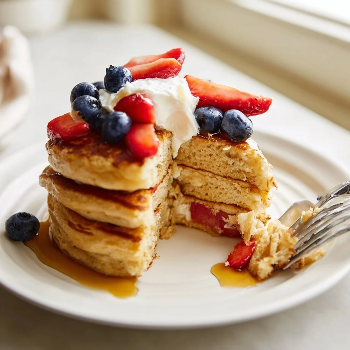Fluffy pancakes stacked high with melted butter and maple syrup perfect for a weekend brunch
