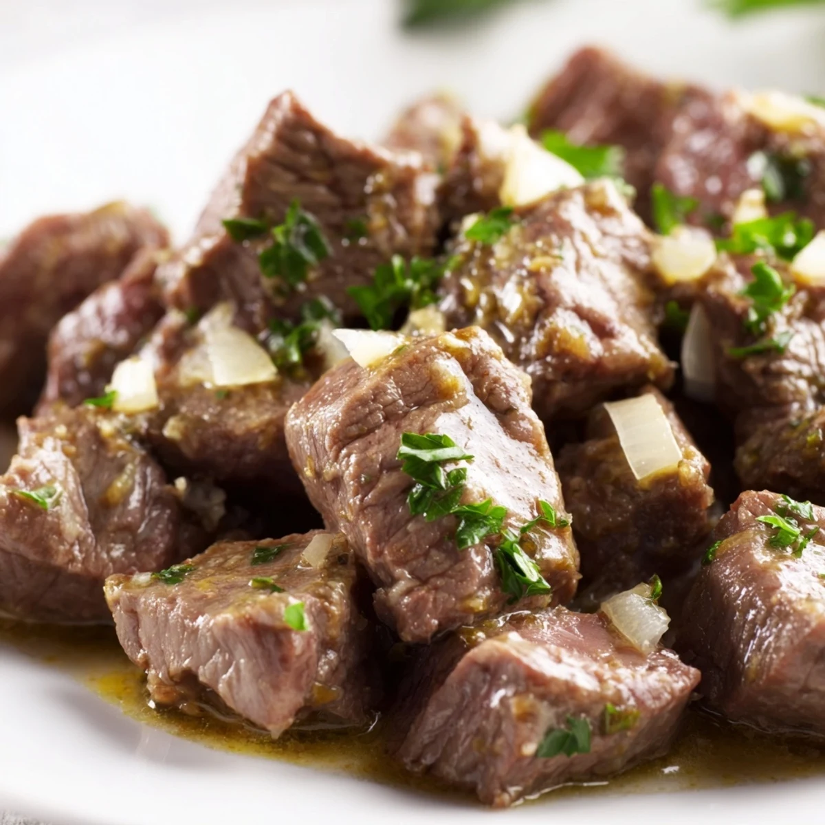 Golden brown Crockpot Steak Bites garnished with fresh parsley in a white slow cooker bowl
