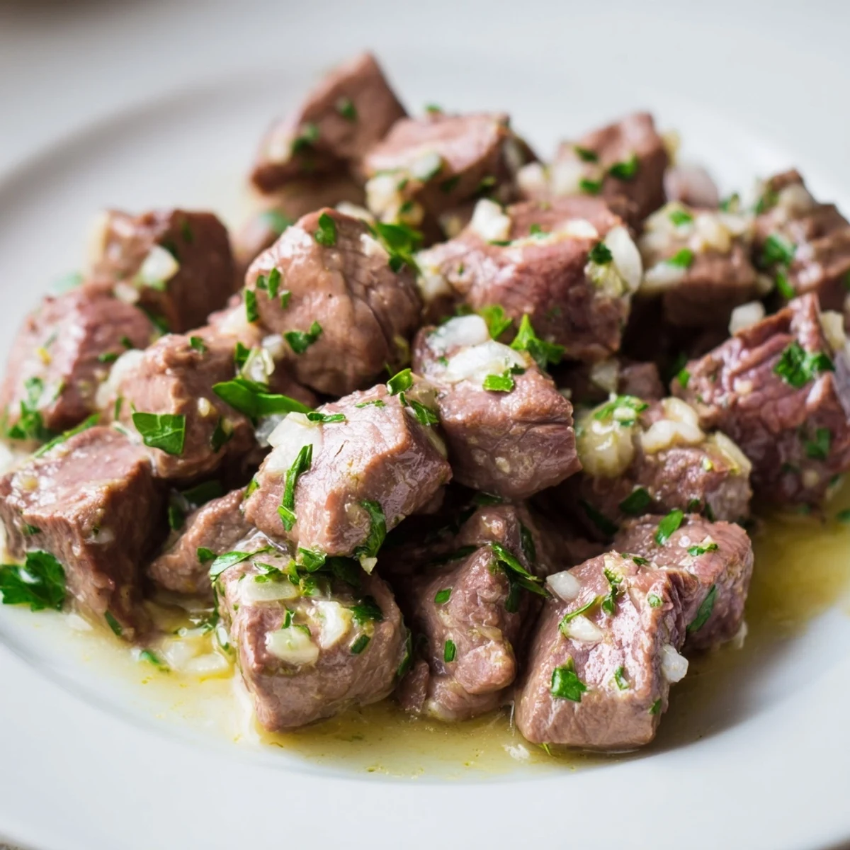 Tender cubes of seared steak slow cooked with garlic butter herbs and rich beef broth