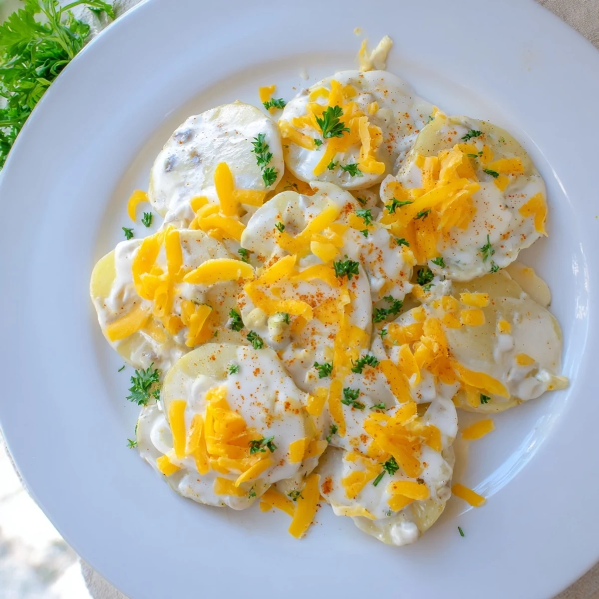 Golden Crockpot scalloped potatoes bubbling with melted cheddar and tender layered potato slices