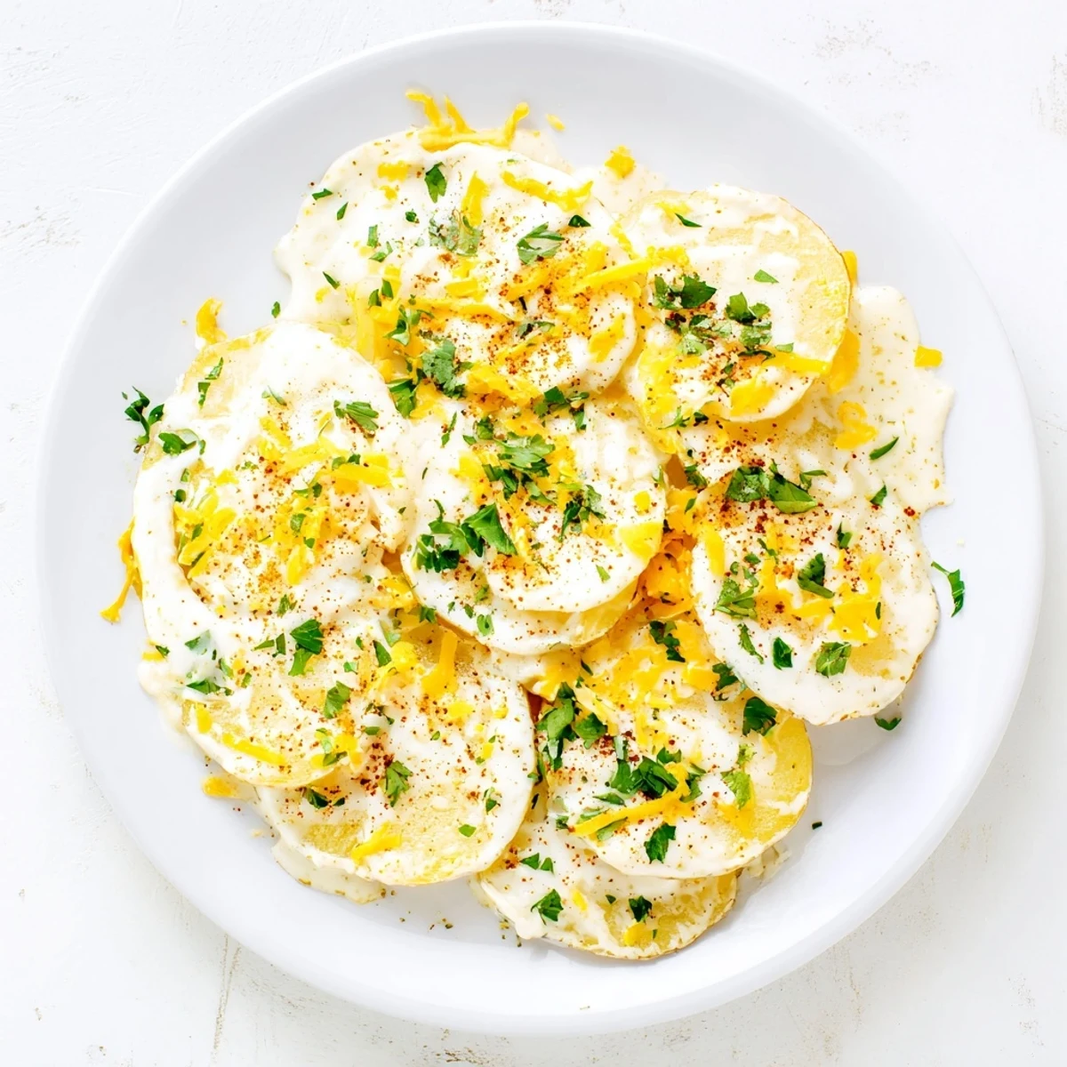 Creamy slow cooker scalloped potatoes topped with shredded cheese and garnished with fresh parsley