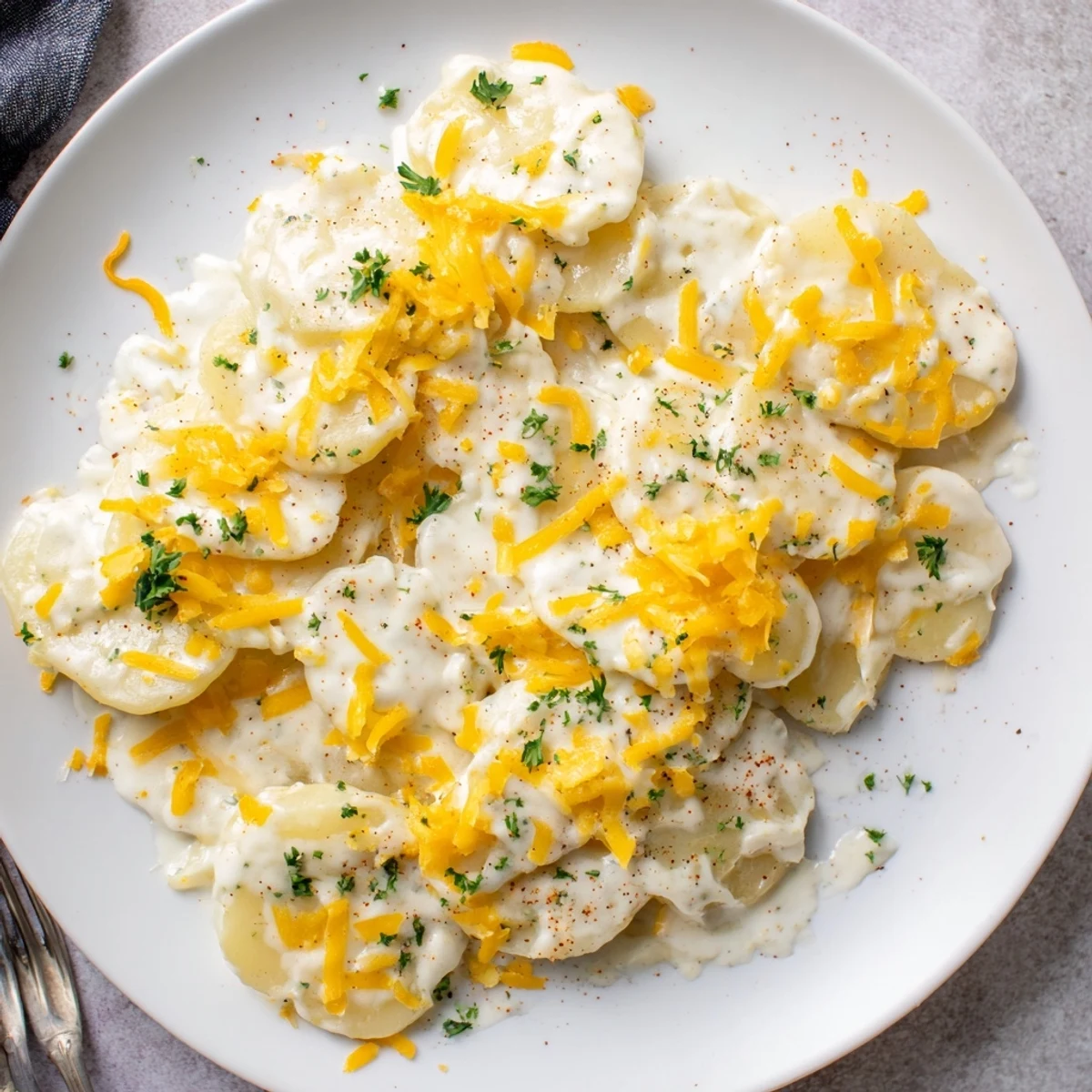 Spoonful of cheesy Crockpot scalloped potatoes featuring perfectly cooked Yukon Golds in rich garlic sauce