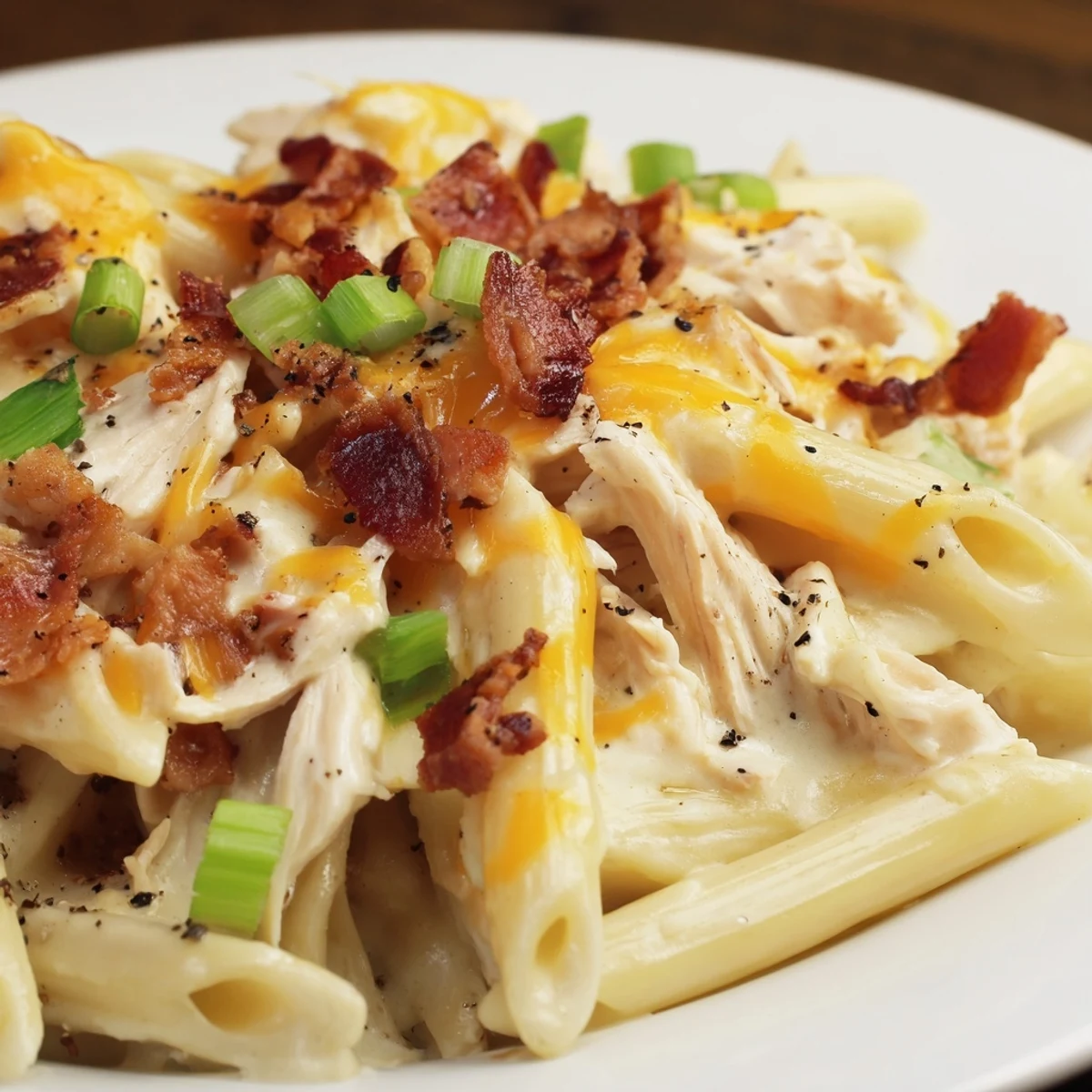Creamy crack chicken pasta with melted cheddar cheese and crispy bacon bits garnish