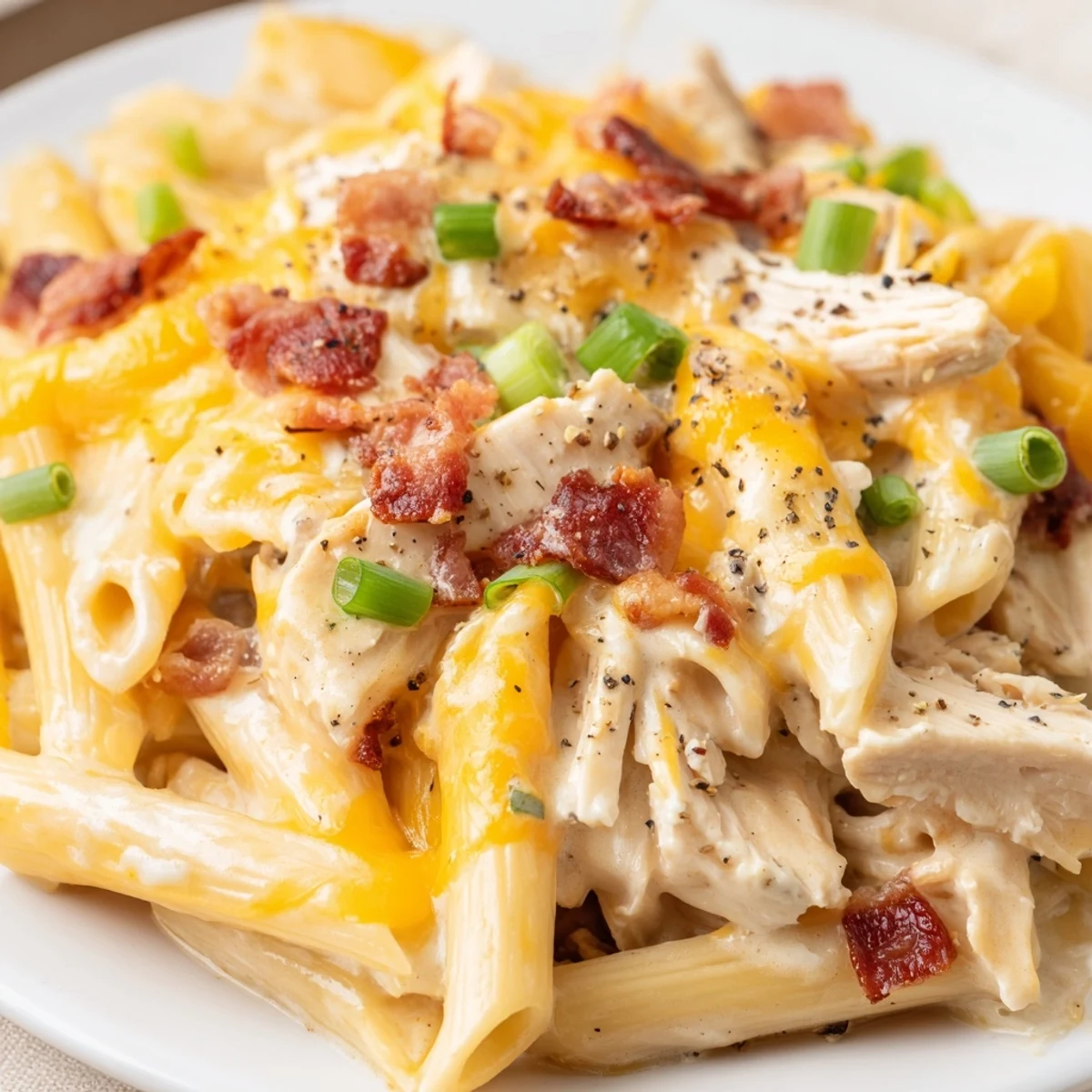 Tender chicken and pasta coated in rich ranch cream sauce topped with green onions