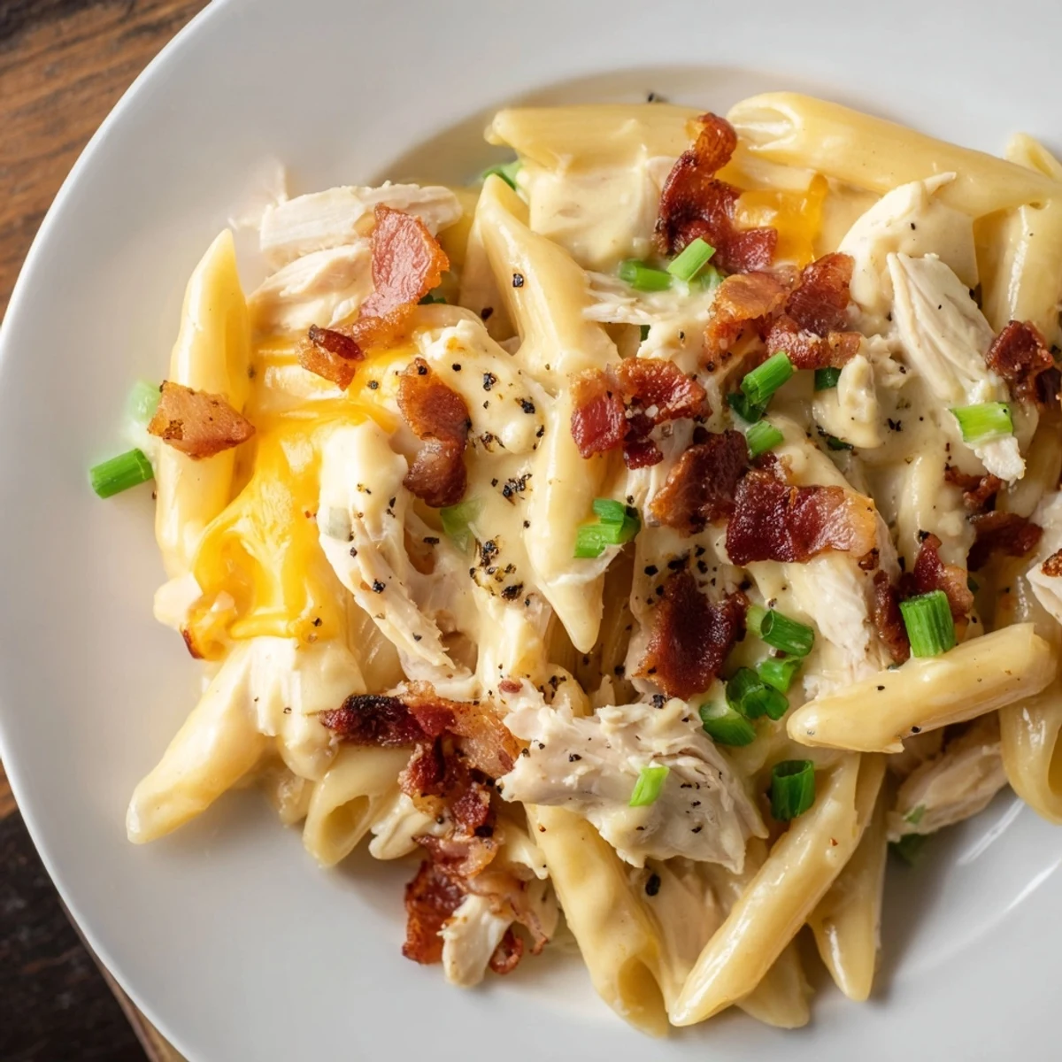 Comforting crack chicken pasta dish plated with golden cheese sauce and crunchy bacon