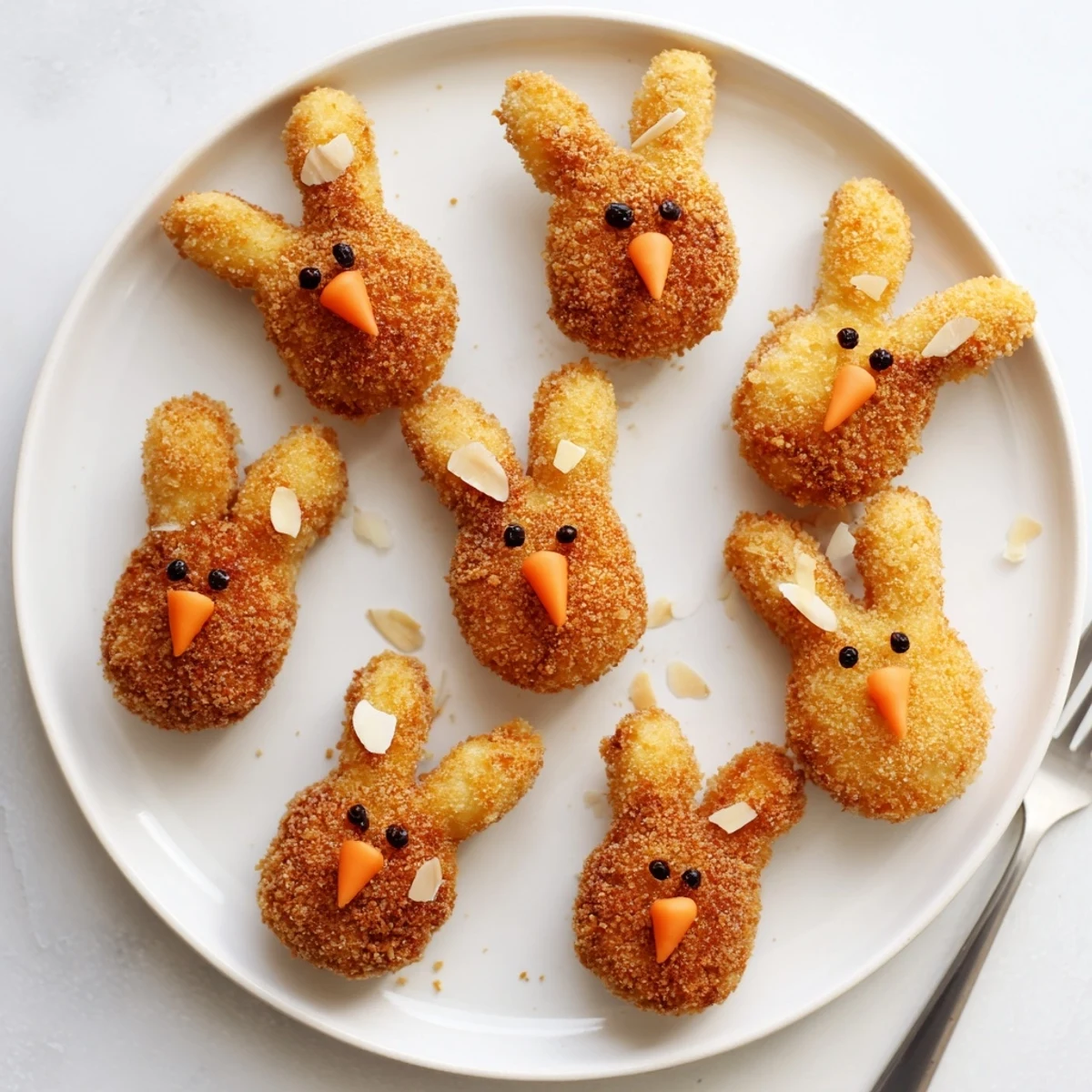 Crispy fried bunny-shaped potato appetizers with peppercorn eyes displayed for festive spring celebration
