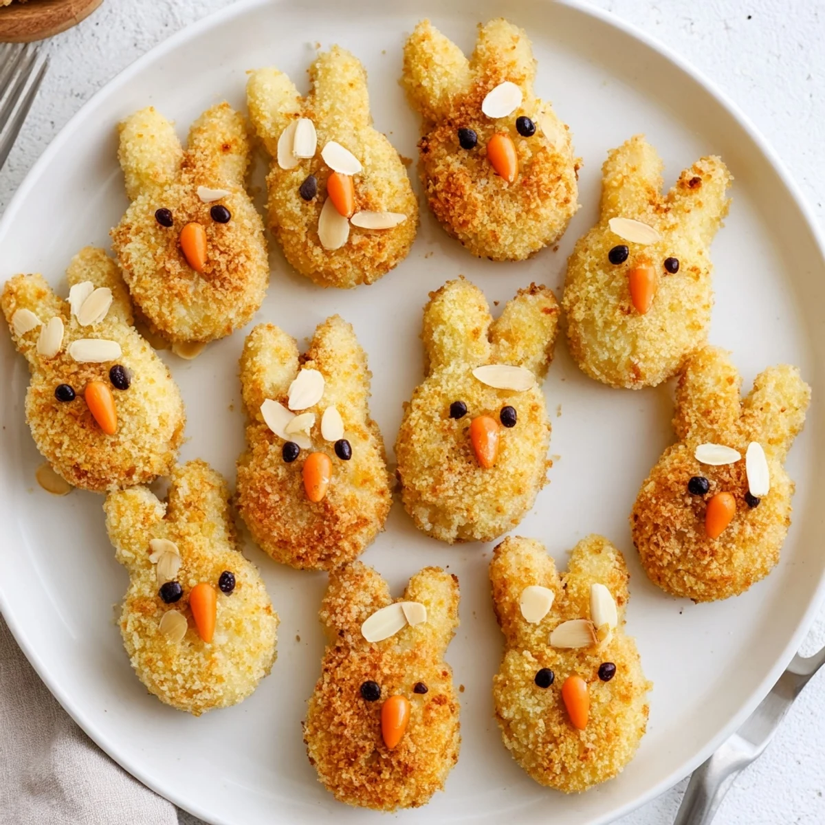 Golden Easter Bunny potato croquettes with almond ears and carrot noses arranged on serving platter