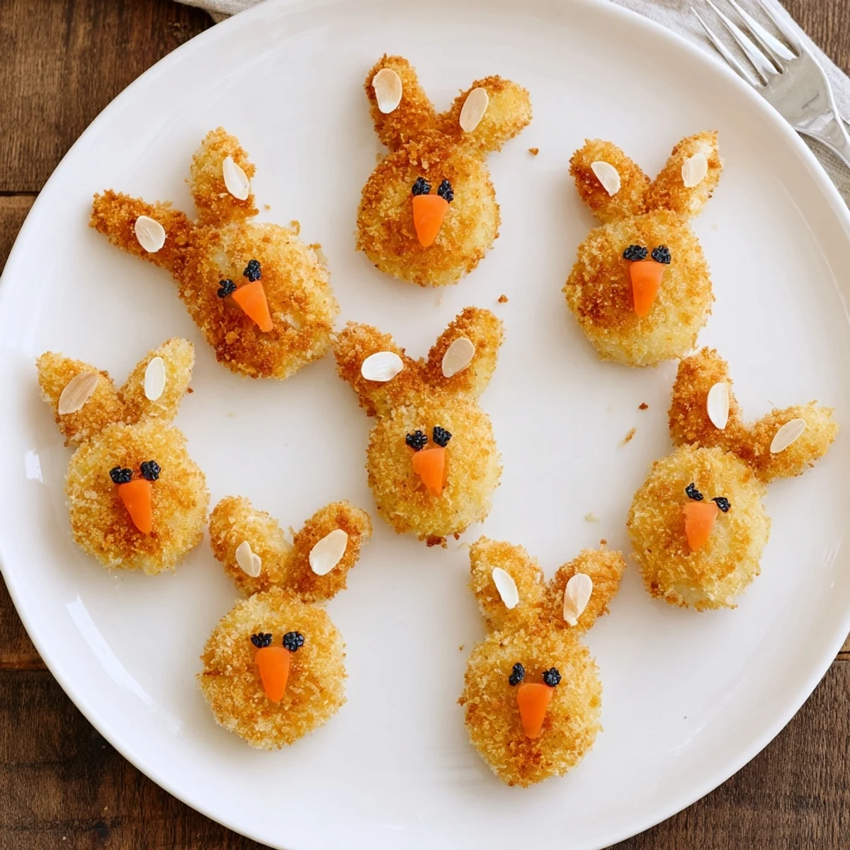 Fluffy mashed potato croquettes formed into adorable Easter bunnies with panko coating and black olive eyes