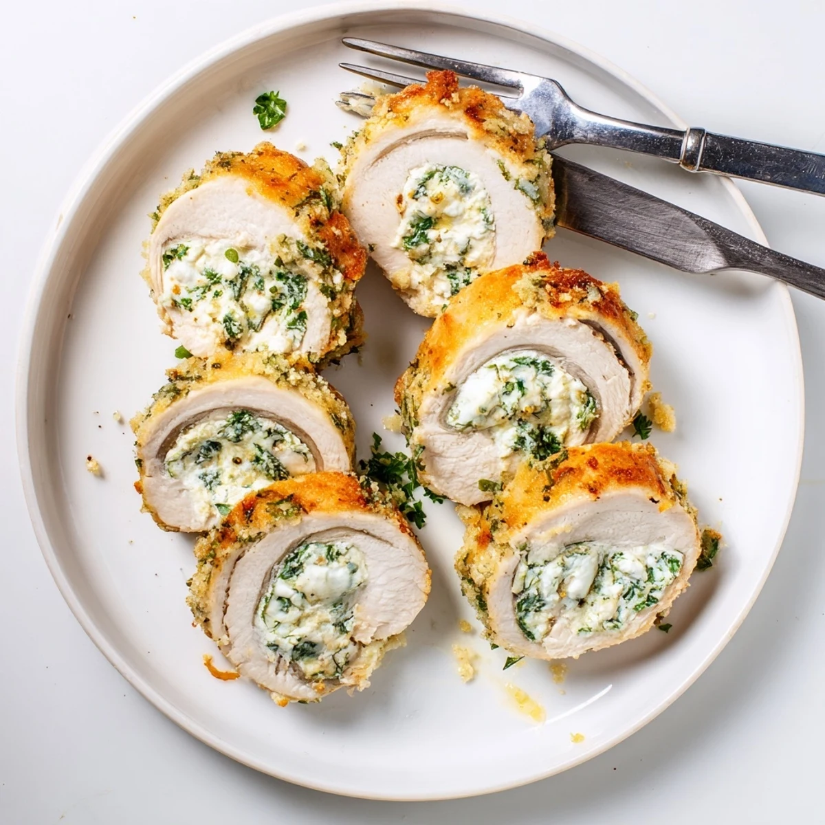 Golden brown herbed ricotta stuffed chicken rolls with crispy breadcrumb topping on a white plate