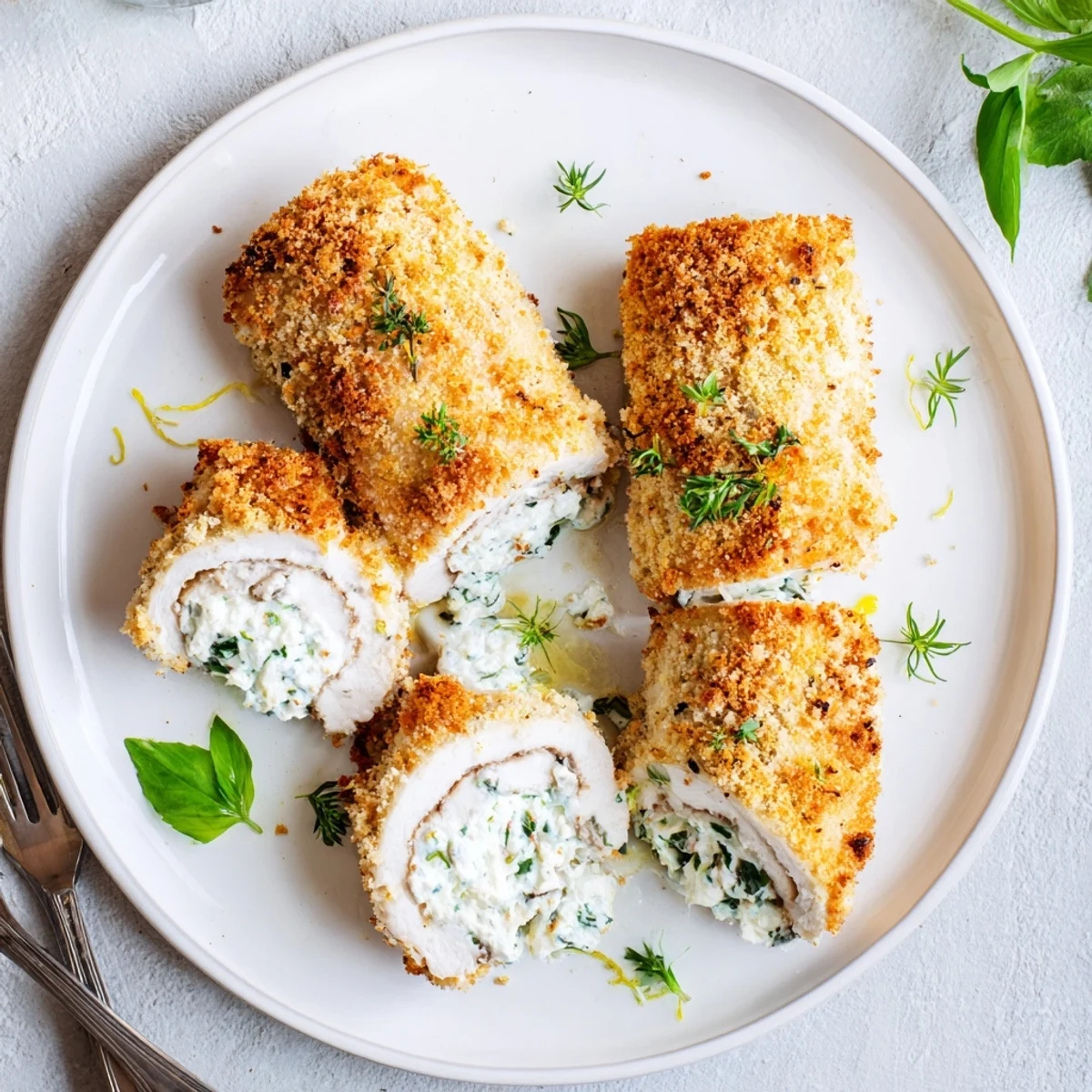 Sliced herbed ricotta stuffed chicken rolls revealing the cheesy white and green filling center