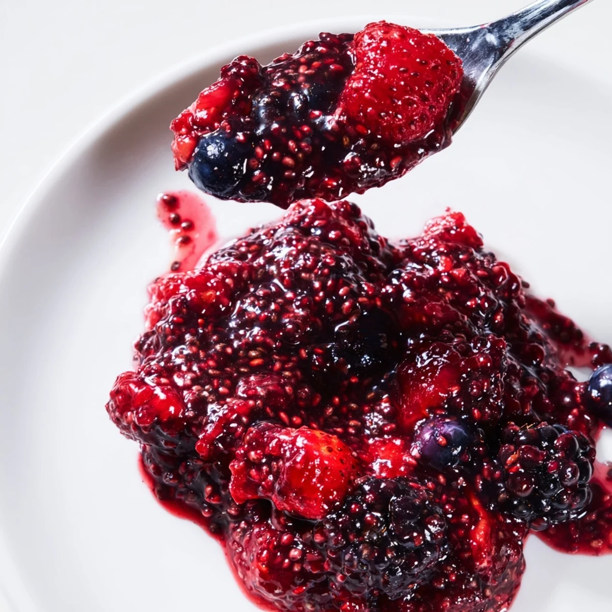 Glass jar filled with chunky easy berry chia seed jam topped with fresh berries