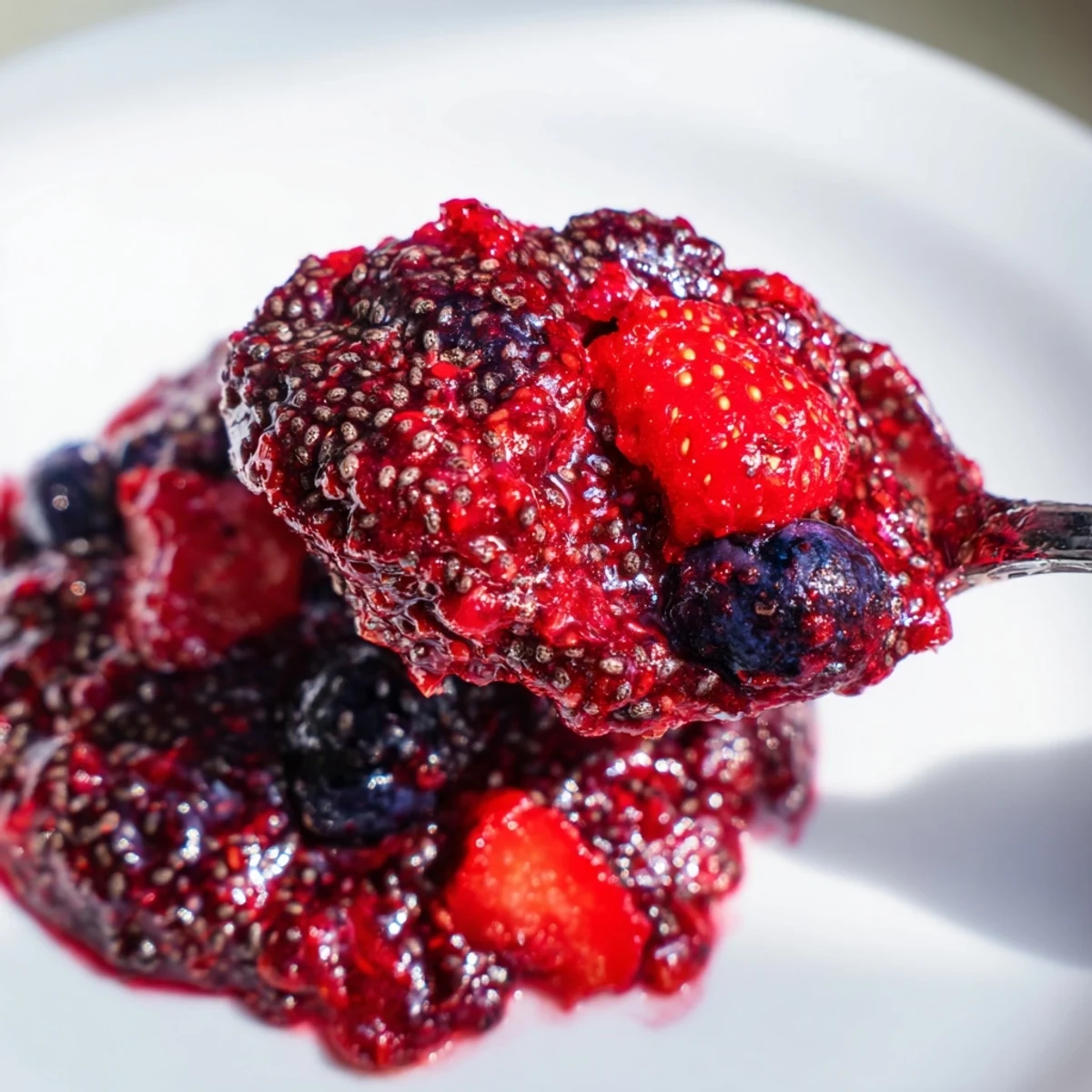 Spoonful of vibrant easy berry chia seed jam swirled over creamy Greek yogurt
