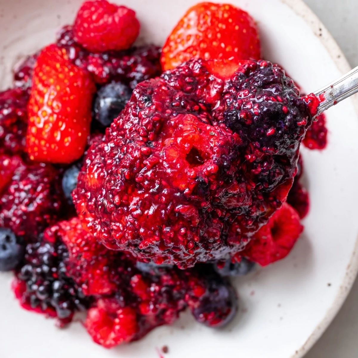 Golden toast generously spread with thick homemade easy berry chia seed jam and berries