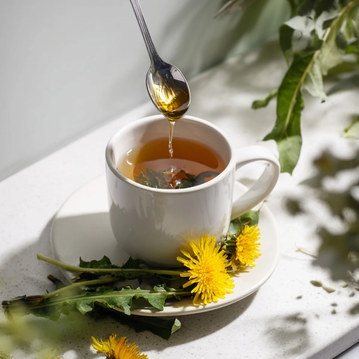 Golden dandelion tea steaming in a white mug with fresh yellow flowers garnishing the saucer
