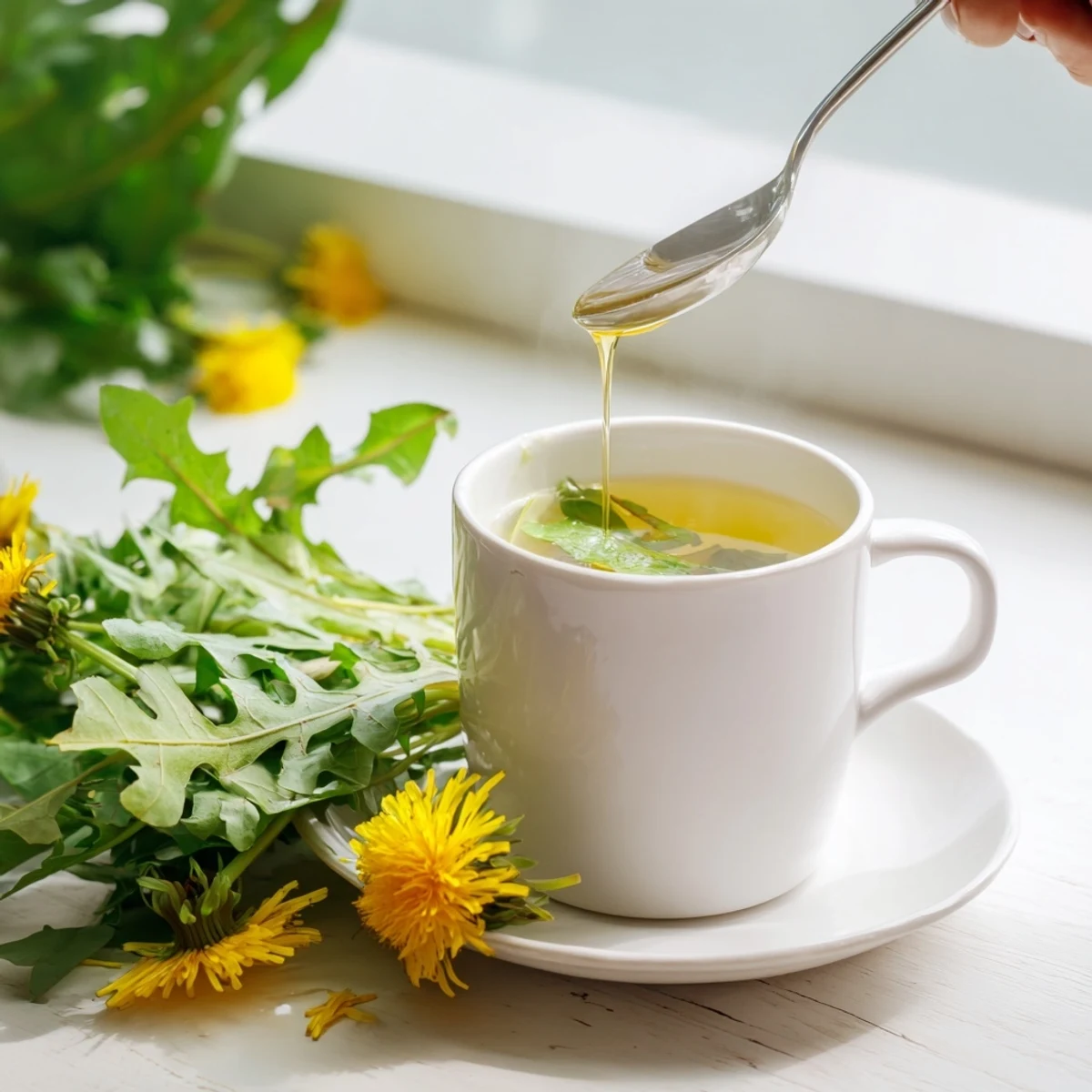 Warm cup of dandelion tea infusion poured over fresh petals with honey drizzle and lemon slice