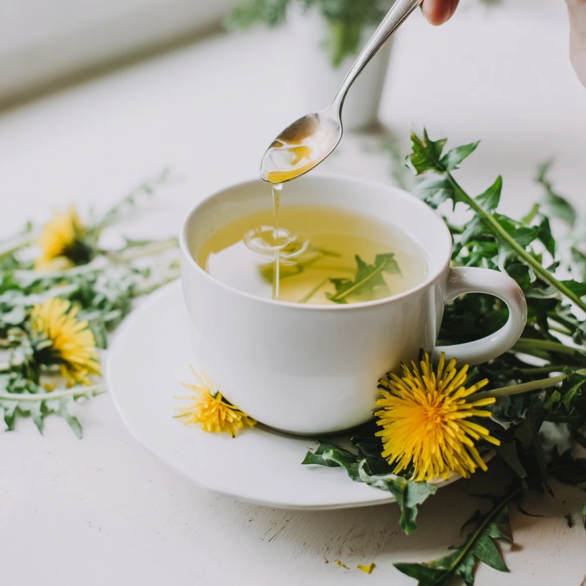 Clear glass displaying earthy dandelion tea with vibrant yellow petals floating on top surface
