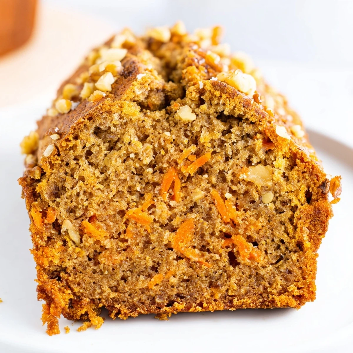 Slice of spiced carrot cake banana bread topped with cream cheese frosting and chopped walnuts on a white plate