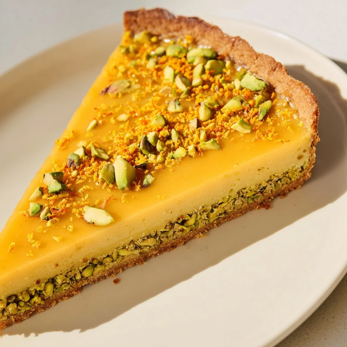Golden orange cardamom tart with creamy custard filling nestled in a crisp pistachio crust