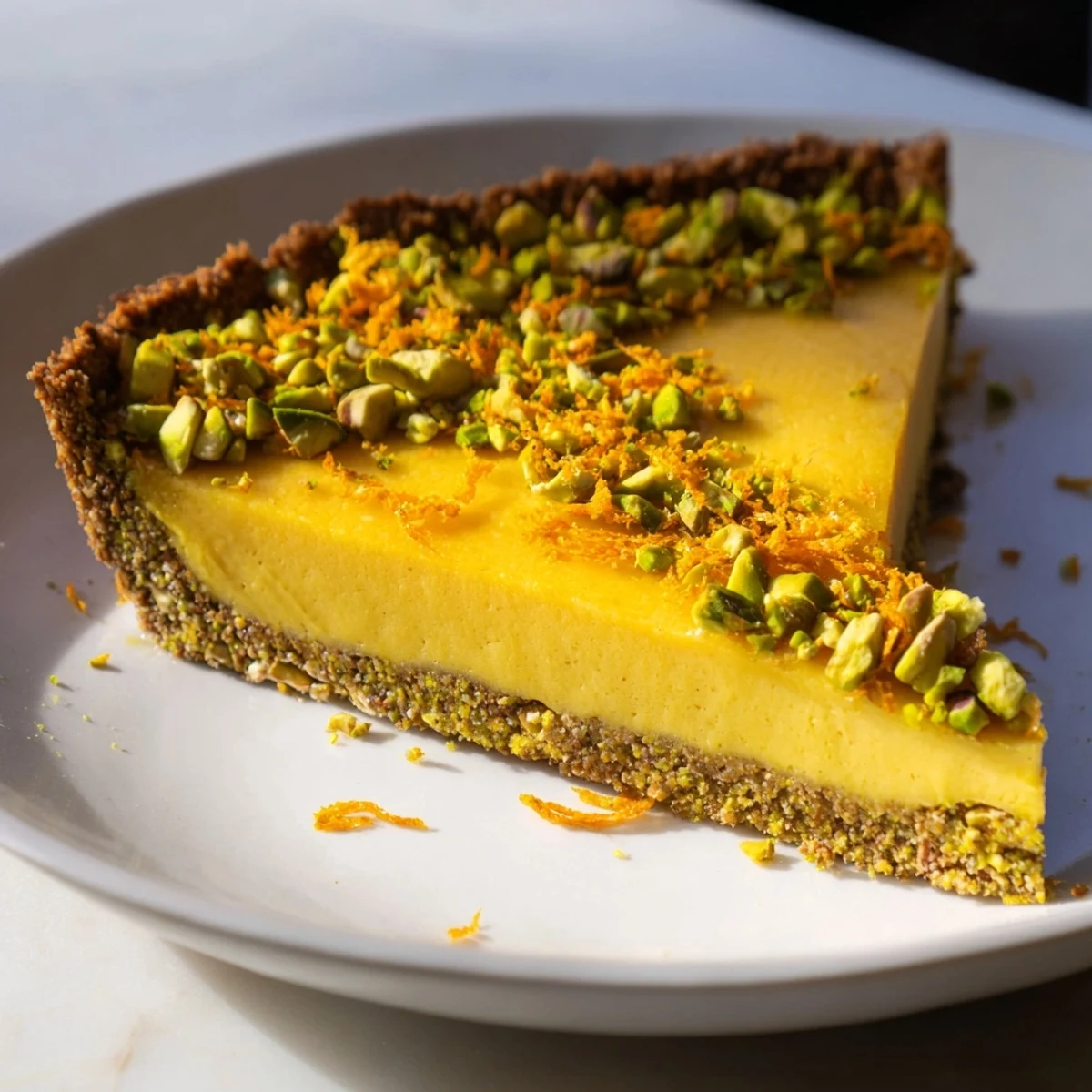 Slice of orange cardamom tart showcasing vibrant citrus curd speckled with aromatic cardamom spice
