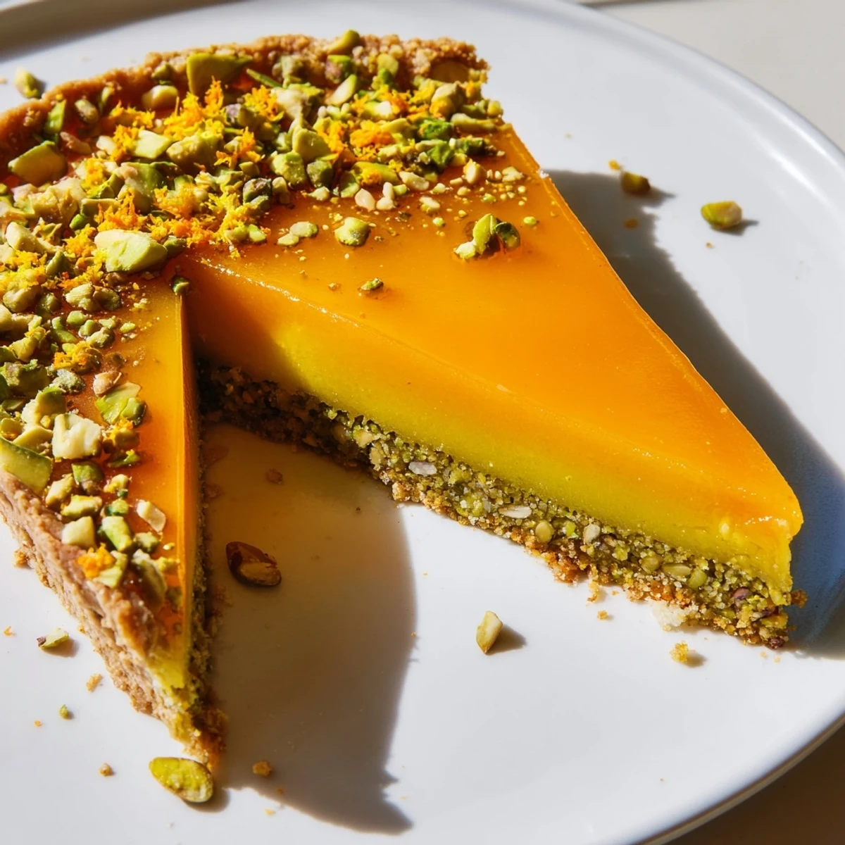 Elegant orange cardamom tart served on white plate with chopped pistachio garnish and orange zest