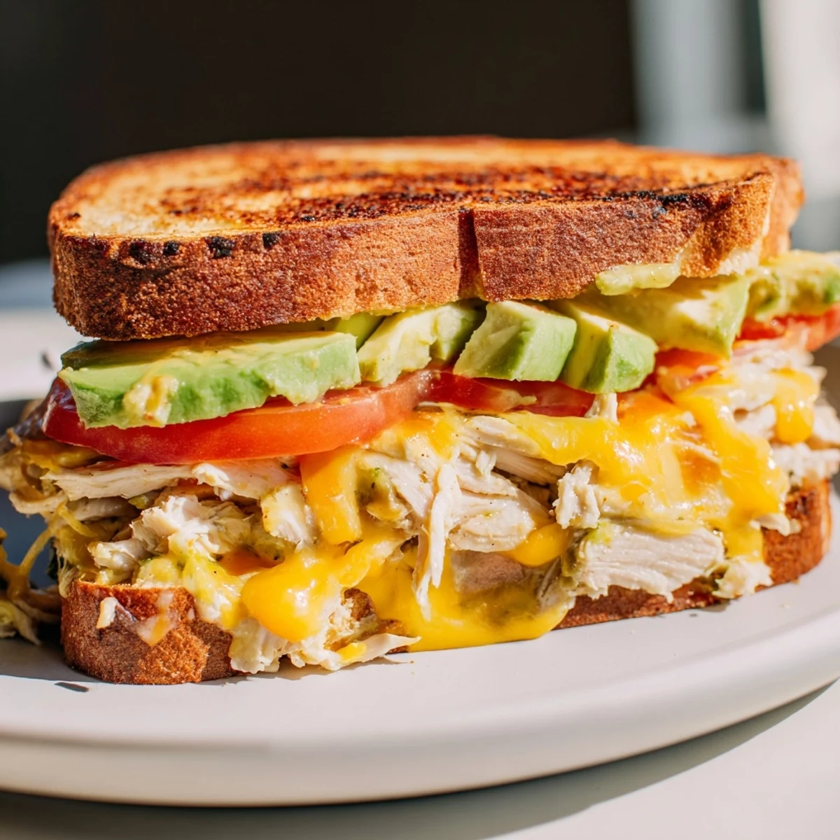 Golden brown chicken avocado melt sandwich with melted cheese oozing from toasted sourdough bread