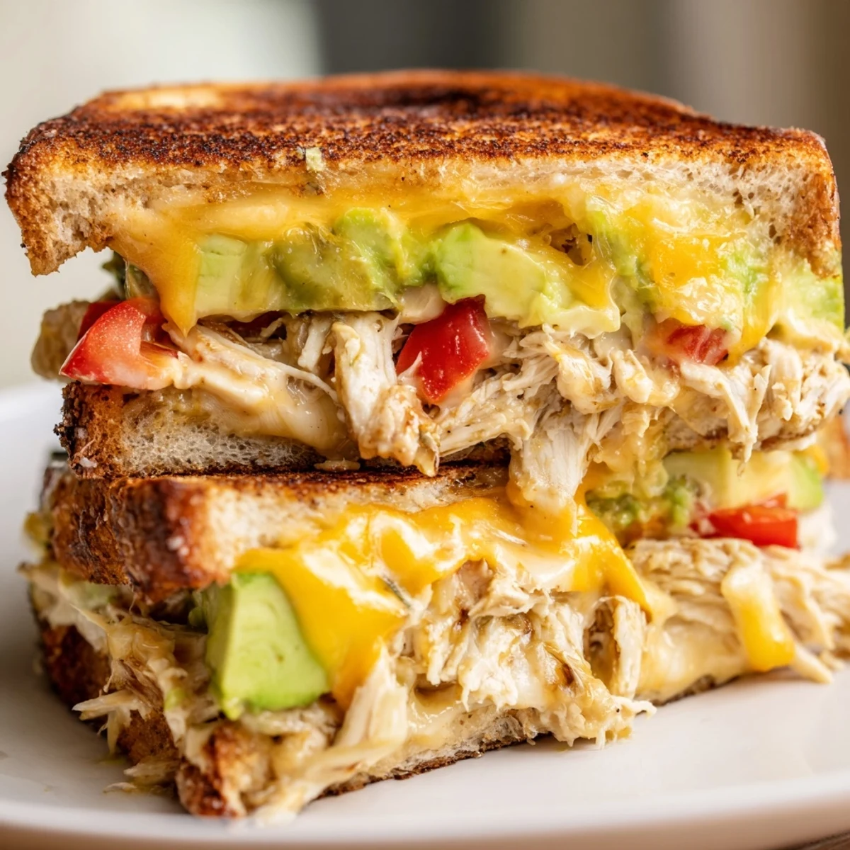 Sliced chicken avocado melt sandwich served warm on a plate with ripe avocado and tomato