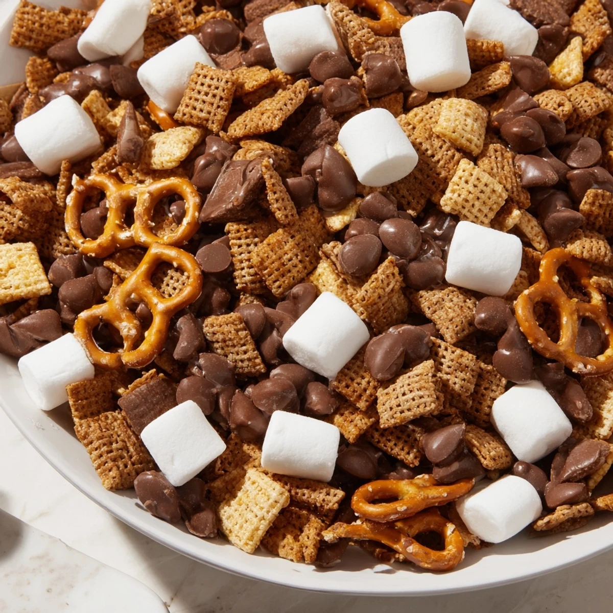 Colorful bowl of s'mores snack mix featuring golden grahams, marshmallows, pretzels and chocolate chips
