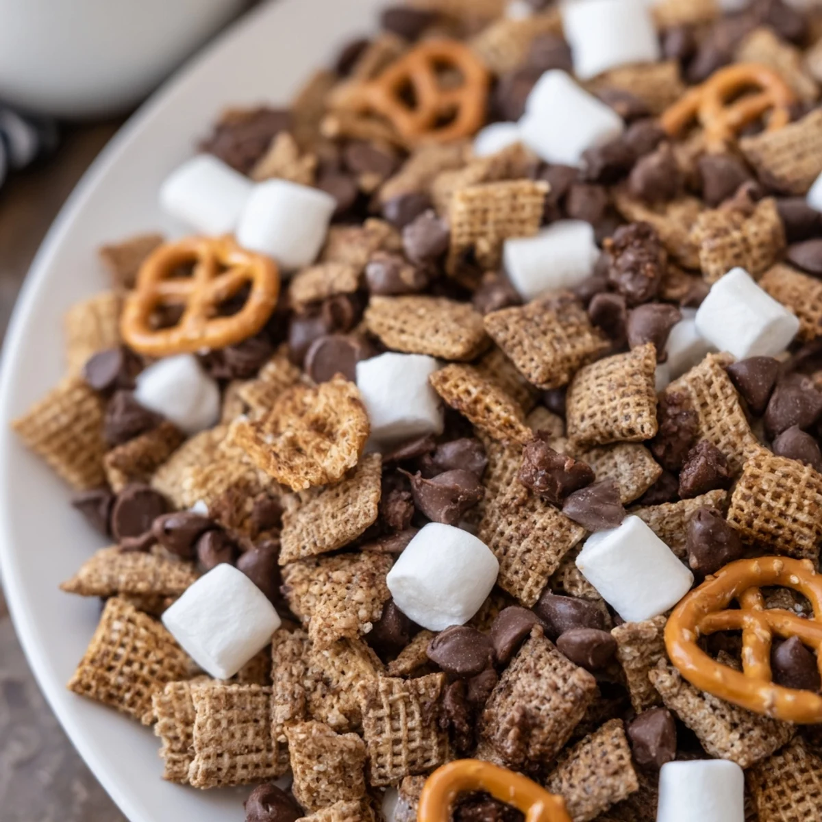 Sweet and crunchy s'mores snack mix in a glass jar with milk chocolate chunks