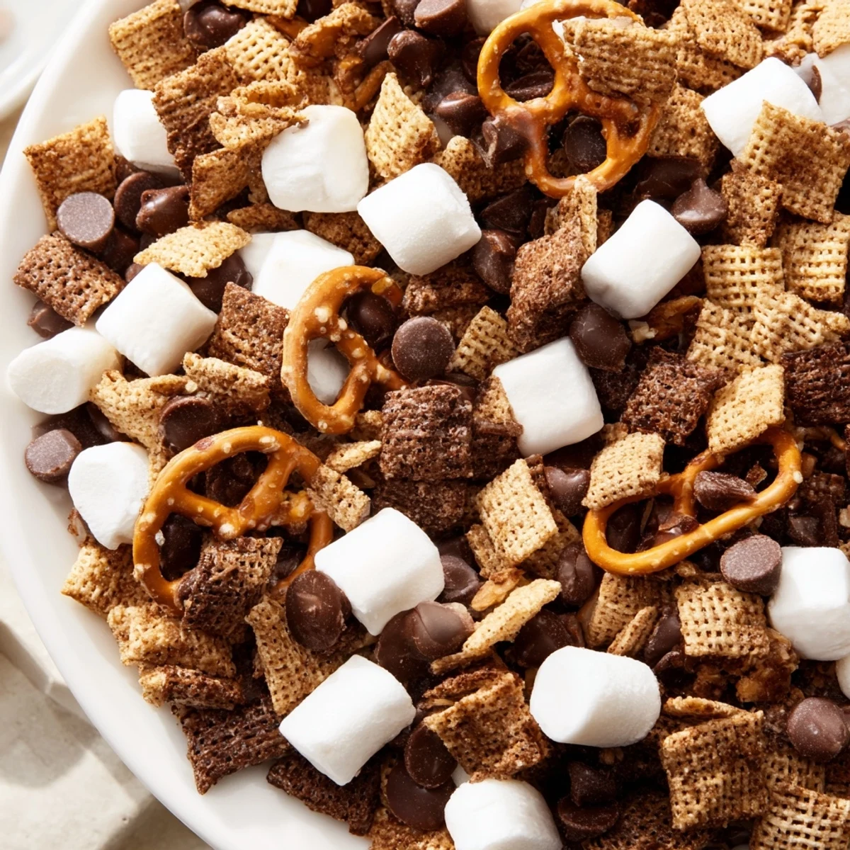 Graham cereal, mini marshmallows and pretzels tossed in this easy s'mores snack mix recipe