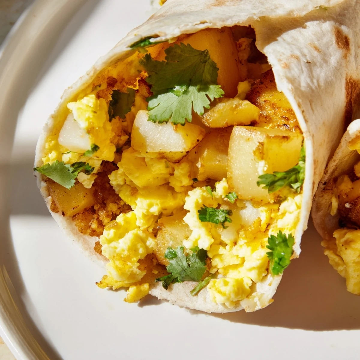 Golden potato egg cheese breakfast tacos piled in warm tortillas with fresh cilantro garnish