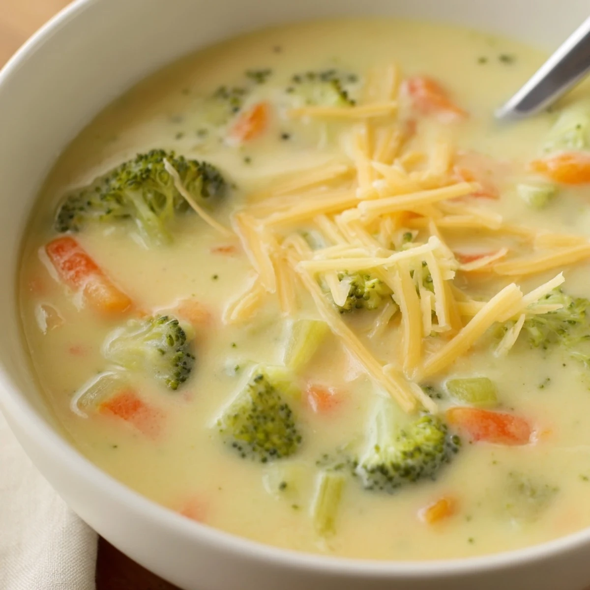 Creamy slow cooker broccoli cheddar soup in a white bowl garnished with shredded cheese and fresh chives