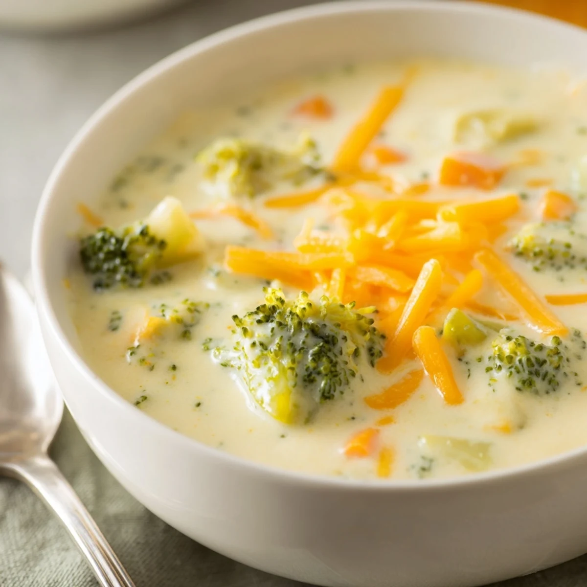 Steaming bowl of homemade slow cooker broccoli cheddar soup topped with melted sharp cheddar and cracked pepper