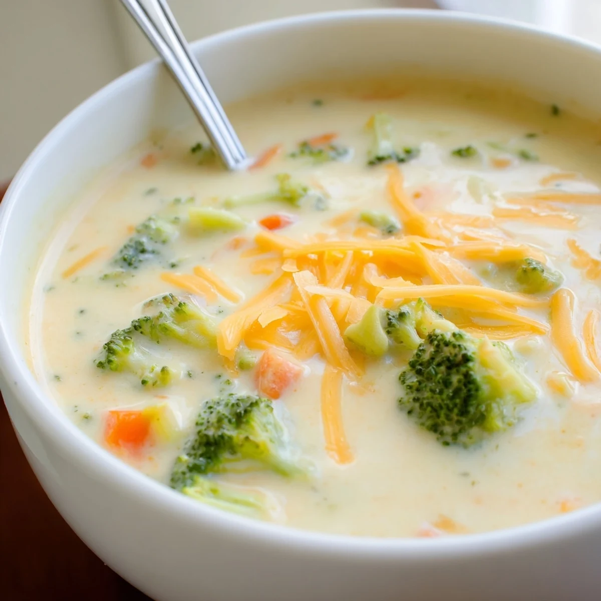 Rich velvety broccoli cheddar soup ladled into serving bowls with crusty bread for dipping