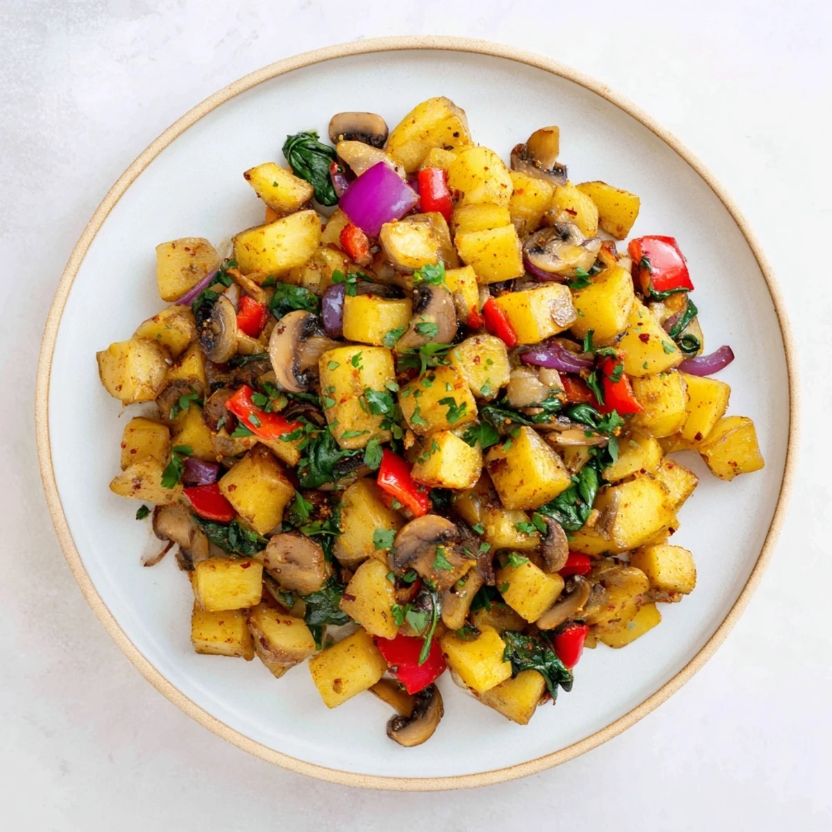 Golden crispy vegan breakfast hash with colorful bell peppers, red onions, and wilted spinach in a skillet