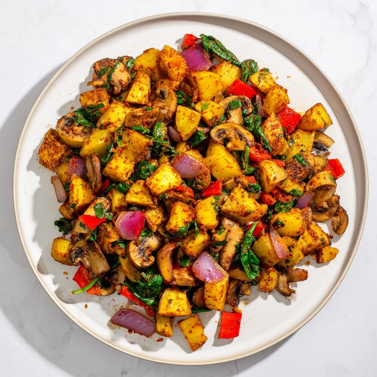 Hearty vegan breakfast hash loaded with diced potatoes, mushrooms, and aromatic spices for a satisfying morning meal
