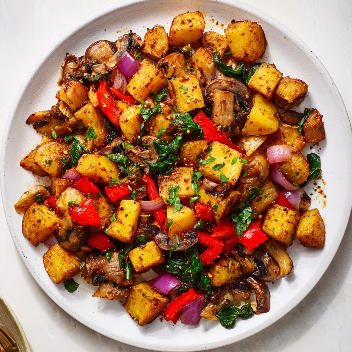 Sizzling skillet of flavorful vegan breakfast hash topped with fresh parsley and served hot for breakfast