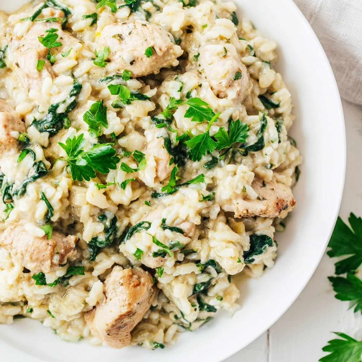 Creamy one pot angel chicken rice bake with golden brown chicken resting on tender parmesan rice