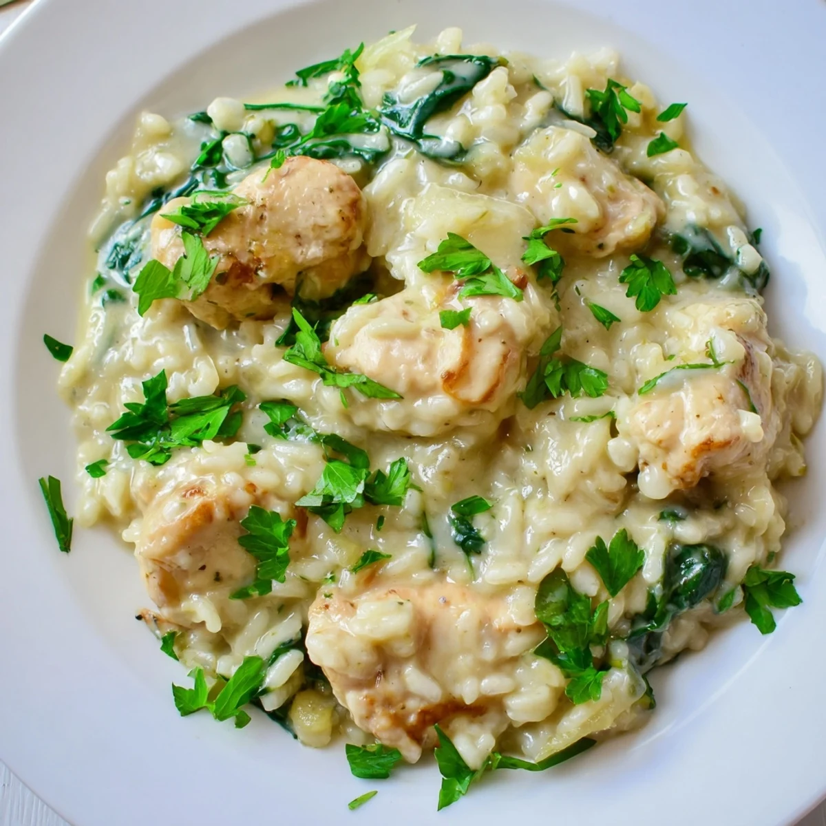 Steaming one pot angel chicken dinner with juicy breasts nestled in seasoned white rice and spinach